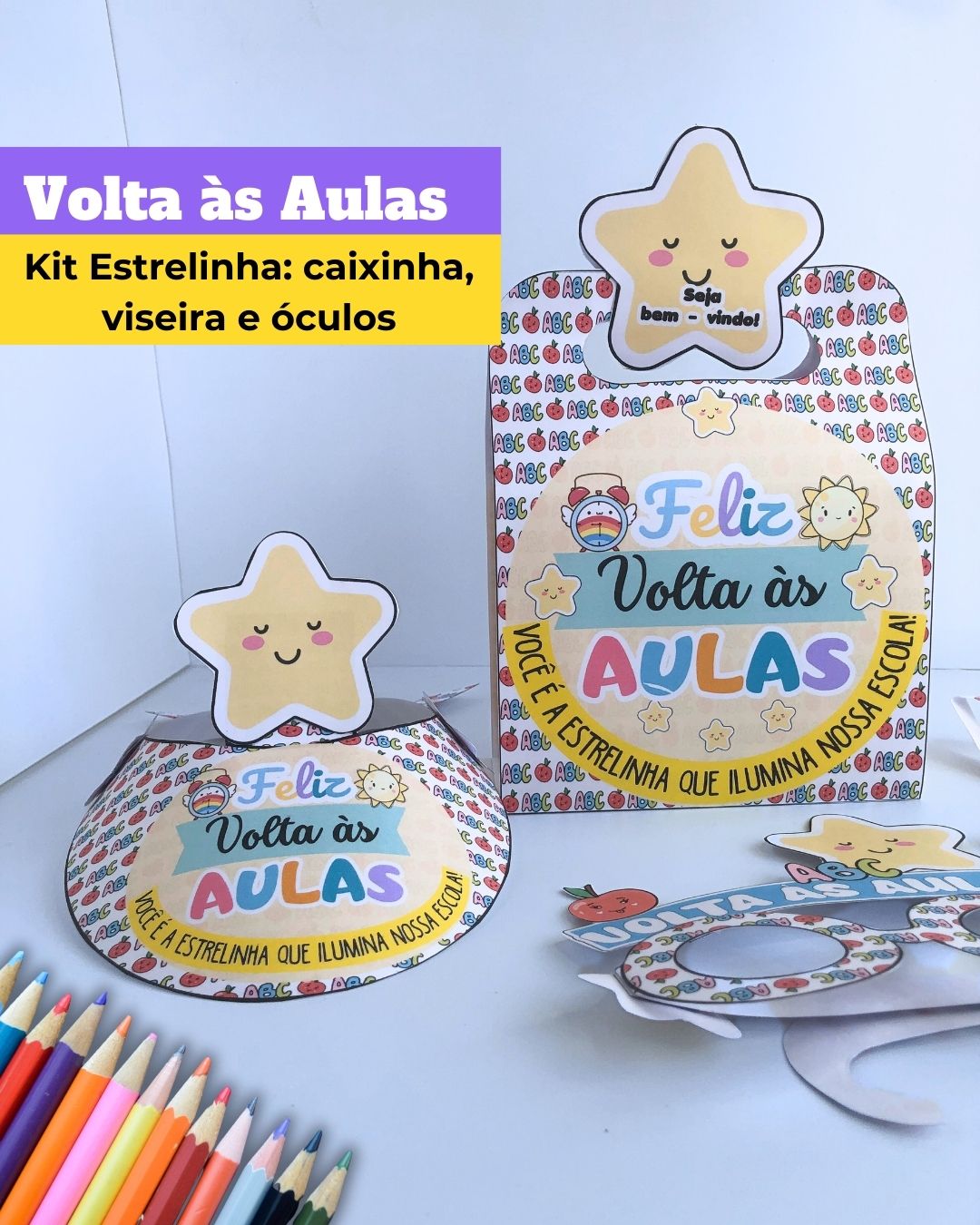 Kit Volta às Aulas Estrelinha: Viseira, Gravata, Óculos e Caixinha